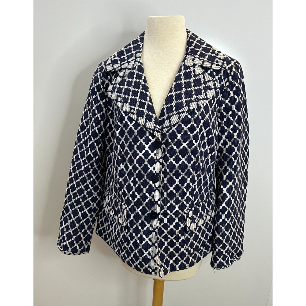 Talbots Diamond Lattice Cotton Blazer Jacket Plus Size 14W Navy White Office - Picture 13 of 13